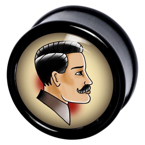 Schwarzer Plug mit Retro-Motiv eines Mannes im Profil auf hellem Hintergrund