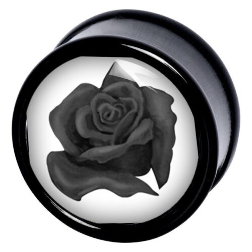Schwarzer Plug mit Rosenmotiv, aus PMMA, auf weißem Hintergrund