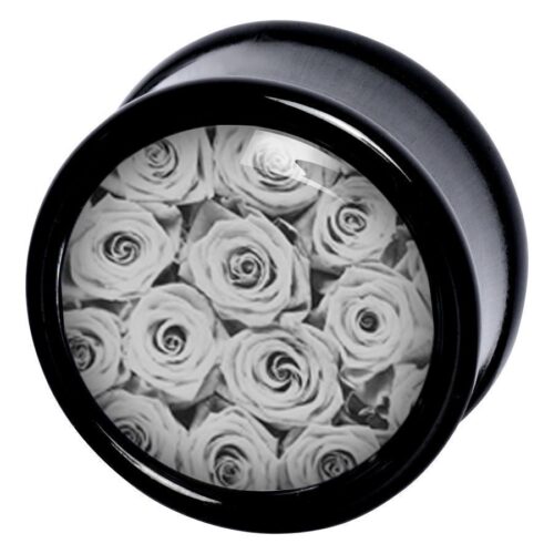 Schwarzer Plug mit Rosenmotiv, glänzende Oberfläche, runde Form
