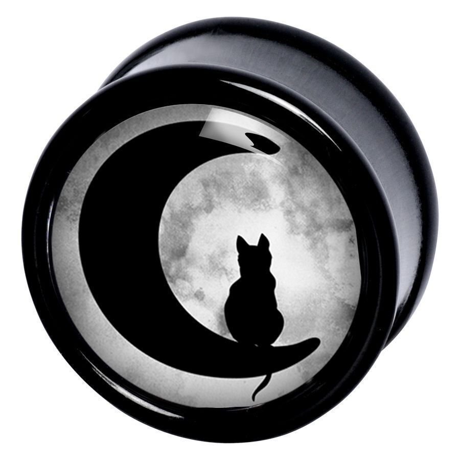 Runder schwarzer Plug mit Mond und Katzensilhouette auf weißem Hintergrund
