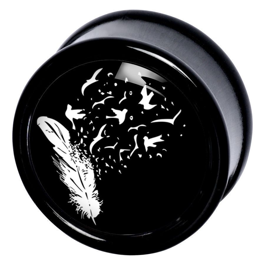 Schwarzer Plug mit Feder- und Vogelmotiv Schwarzer Plug aus PMMA mit weißem Feder- und Vogelmotiv auf schwarzem Hintergrund