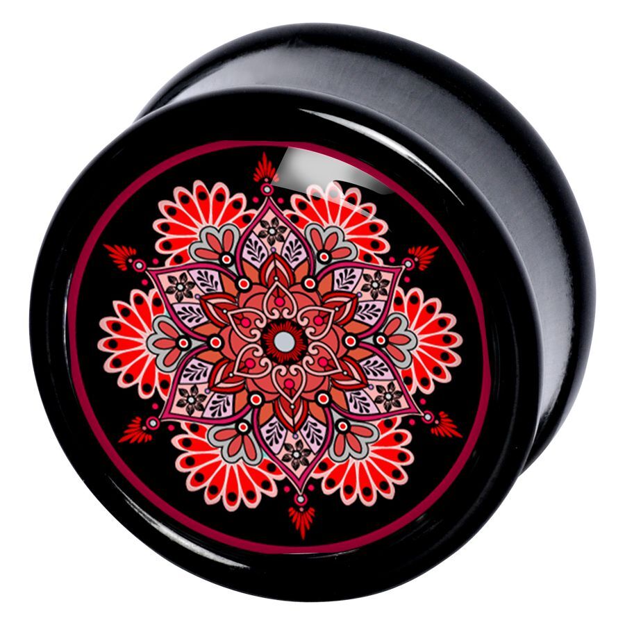 Flourish Mandala Plug in Schwarz und Rot Schwarzer Plug mit rotem Mandala-Muster auf dunklem Hintergrund