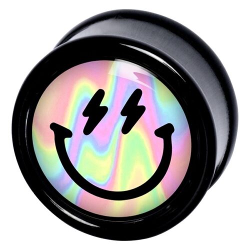 Schwarzer Smiley Plug mit Regenbogenhintergrund und Blitzaugen