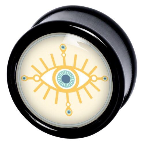 Schwarzer Plug mit goldenem Auge-Design auf hellem Hintergrund