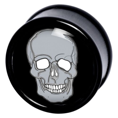 Schwarzer PMMA Plug mit grauem Totenkopf-Design auf weißem Hintergrund