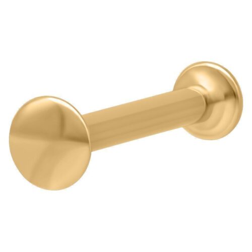 Goldenes Labret-Piercing mit Innengewinde, 1,2 mm Stärke, 6 mm Länge, Kugelgröße 1,5 mm auf weißem Hintergrund