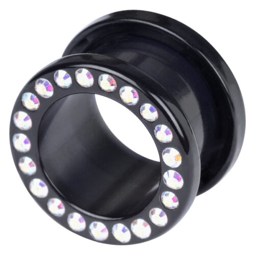 Schwarzer Acryl-Tunnel mit Aurora Boreale Kristallen, 14mm