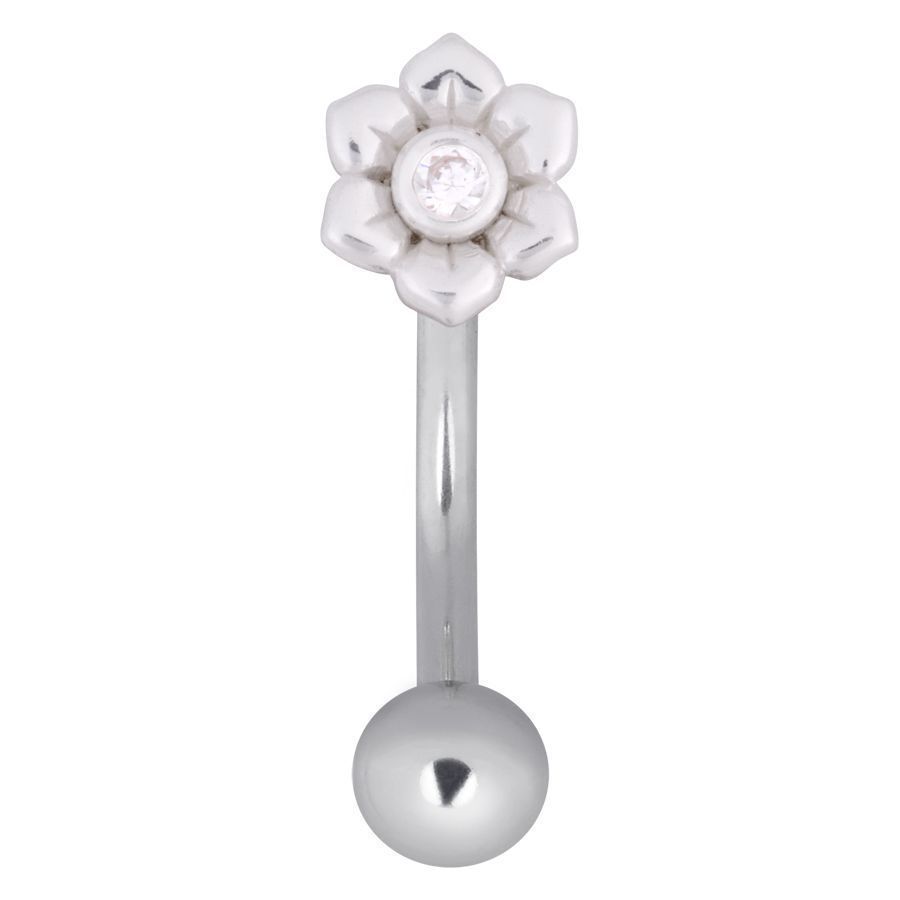 Blumen Micro Bananabell in Silber mit Kristall Silbernes Bananabell mit Blumenmotiv und klarem Kristall auf weißem Hintergrund