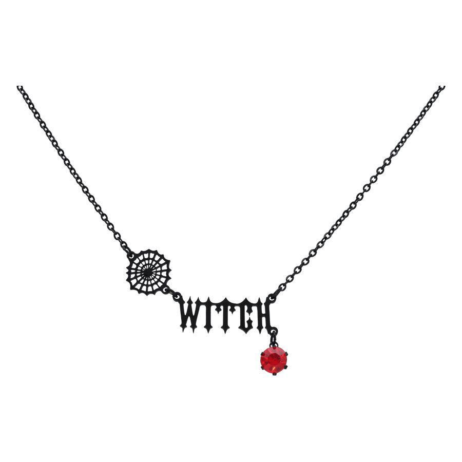 Schwarze Witch Kette mit rotem Kristall Schwarze Witch Kette aus Chirurgenstahl mit rotem Kristall auf weißem Hintergrund
