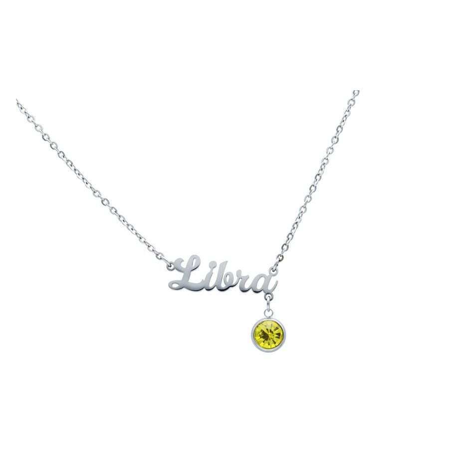 Silberne Libra Kette mit gelbem Kristallanhänger auf weißem Hintergrund