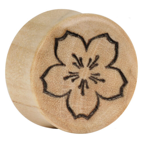 Runder Holz Plug mit eingravierter Sakura Blume, natürliche Farbe
