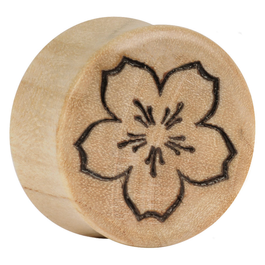 Runder Holz Plug mit eingravierter Sakura Blume, natürliche Farbe