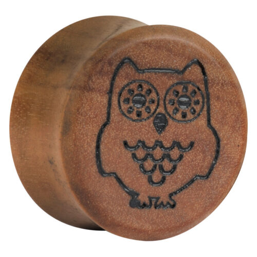Brauner Holz Plug mit eingraviertem Eule Motiv auf weißem Hintergrund