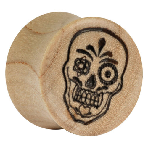 Holzplug mit mexikanischem Totenkopf-Motiv auf neutralem Hintergrund