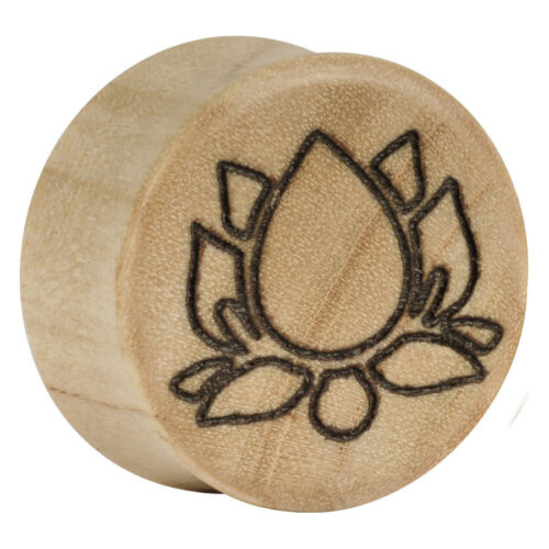 Runder Holzplug mit eingraviertem Lotus-Motiv auf hellem Hintergrund