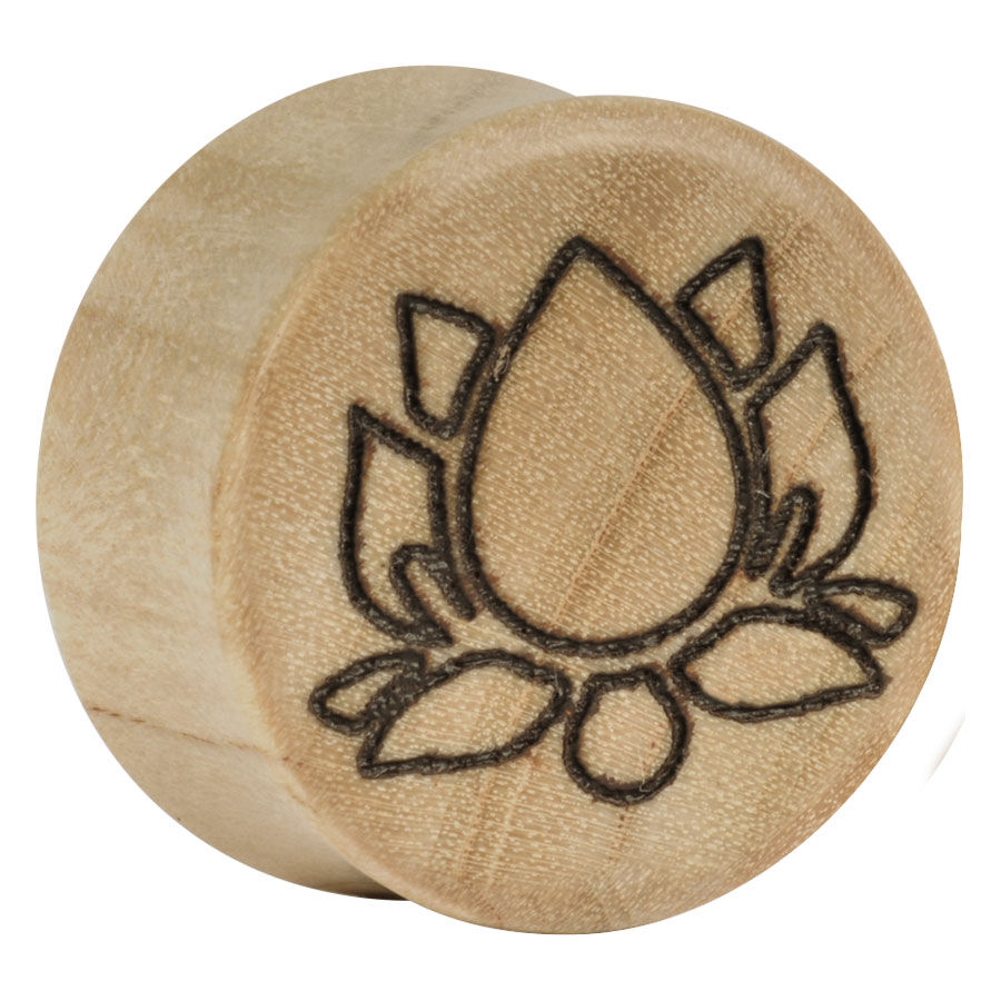 Lotus auf Holzplug von Wildcat Runder Holzplug mit eingraviertem Lotus-Motiv auf hellem Hintergrund