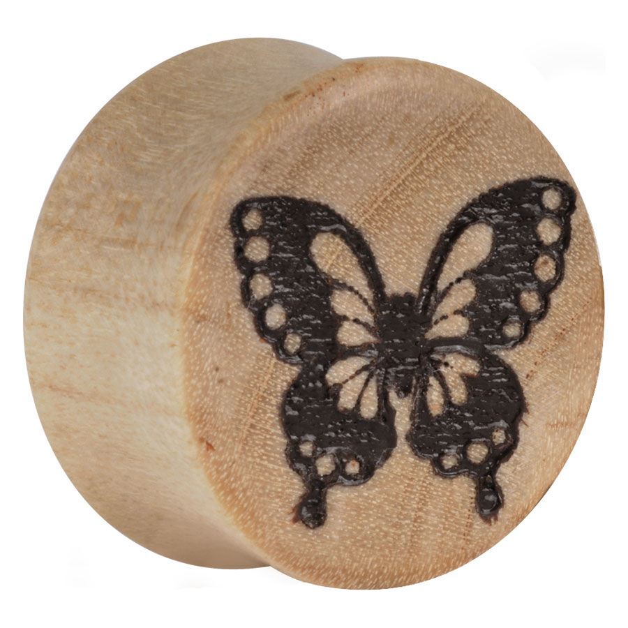 Holz Plug mit Schmetterling Gravur Runder Holz Plug mit schwarzer Schmetterlingsgravur auf hellem Hintergrund