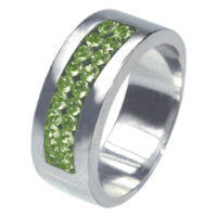 Silberner Ring mit hellgrünen Kristallen, Größe 62 Silberner Chirurgenstahlring mit zwei Linien hellgrüner Kristalle, Größe 62