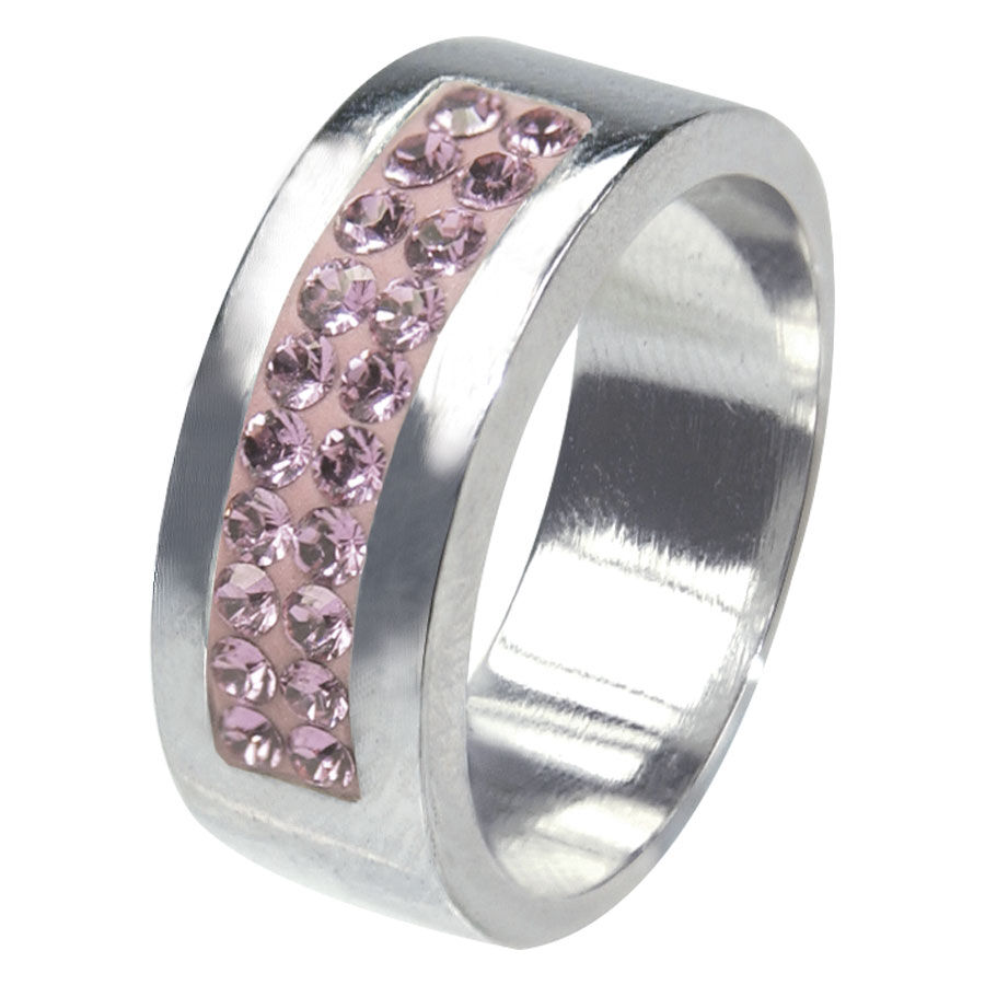 Rosa Kristallring, Größe 48, Silber Silberner Ring mit rosa Kristallen, Größe 48, auf weißem Hintergrund