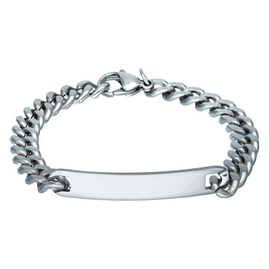 Gravierbares Armband aus Chirurgenstahl Silbernes gravierbares Armband aus Chirurgenstahl auf weißem Hintergrund