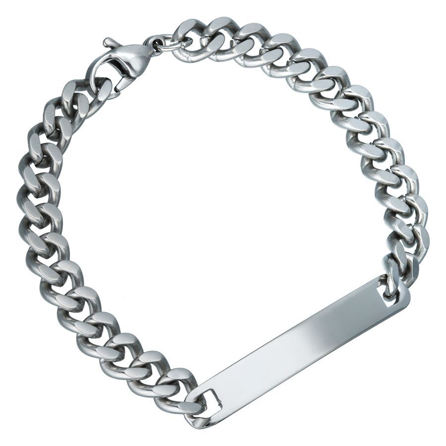 Gravierbares Armband aus Chirurgenstahl Silbernes gravierbares Armband aus Chirurgenstahl auf weißem Hintergrund