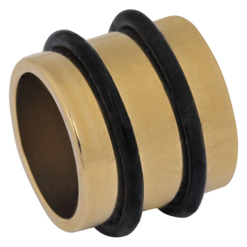 Goldener Titan Flesh Tunnel mit zwei schwarzen Ringen auf weißem Hintergrund