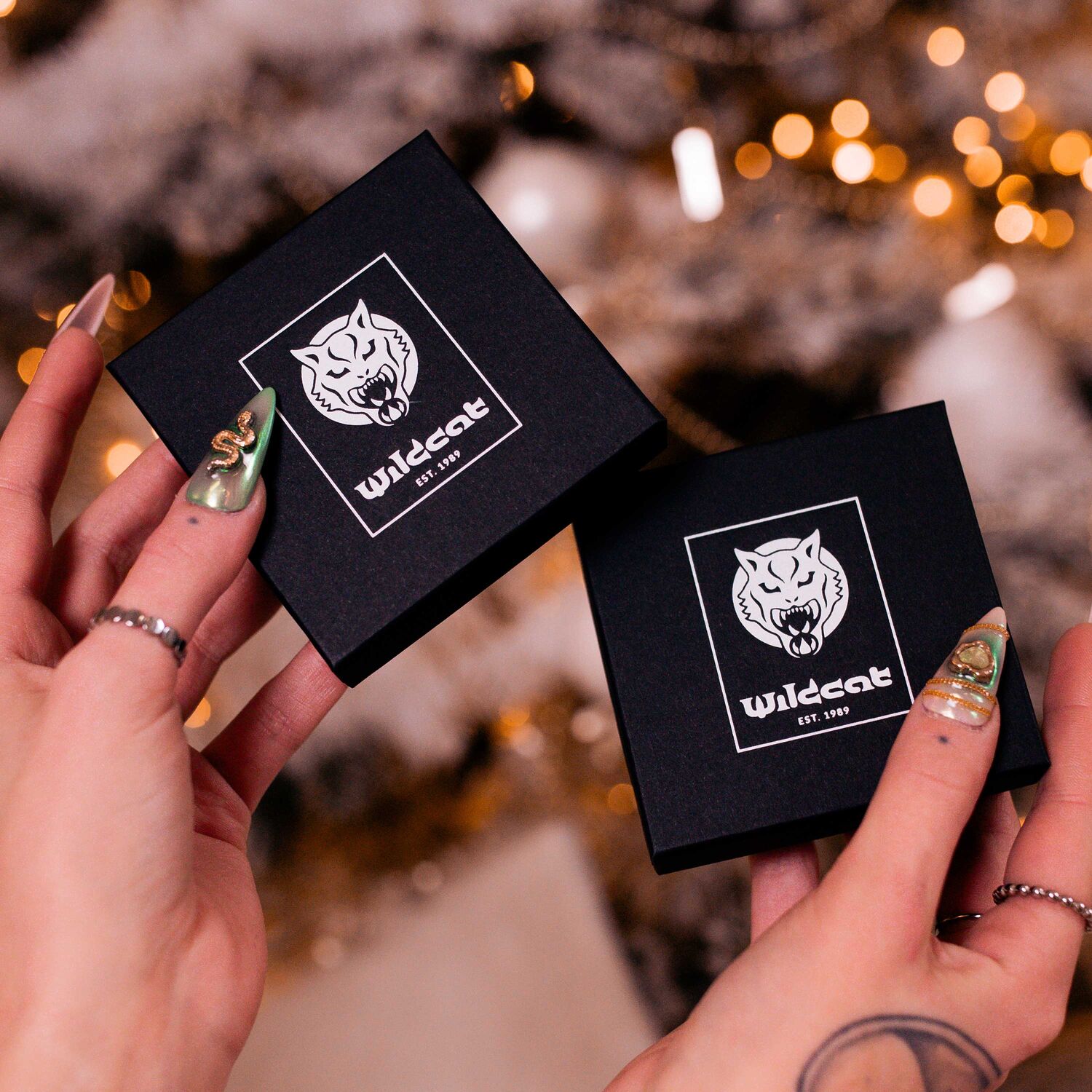 Zwei schwarze Geschenkboxen mit Wildcat-Logo, gehalten von Händen mit goldfarbenen Nägeln
