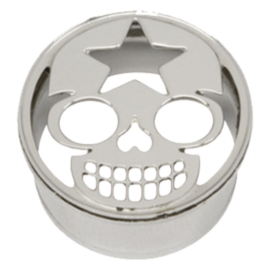 Silberner Starskull Tunnel aus Chirurgenstahl Silberner Tunnel mit Starskull-Design aus Chirurgenstahl, frontal auf weißem Hintergrund