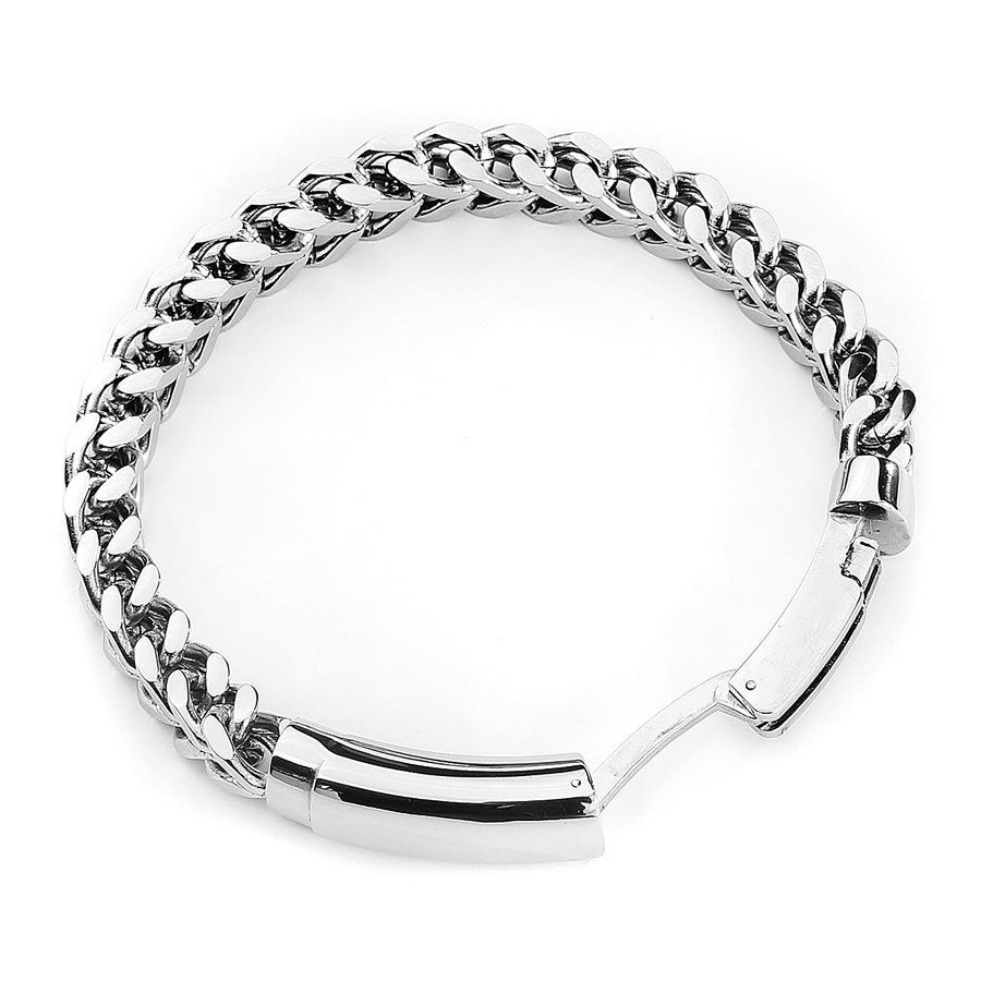 Gravierbares Snake Basic Armband aus Stahl Glänzendes, silberfarbenes Armband aus Chirurgenstahl auf weißem Hintergrund