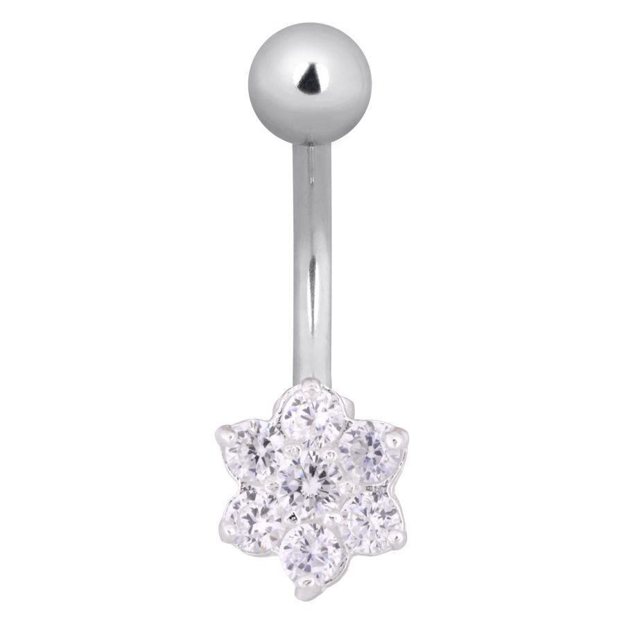 Blumen Bananabell aus Titan und Silber Silbernes Bauchnabelpiercing mit Kristallblume auf weißem Hintergrund