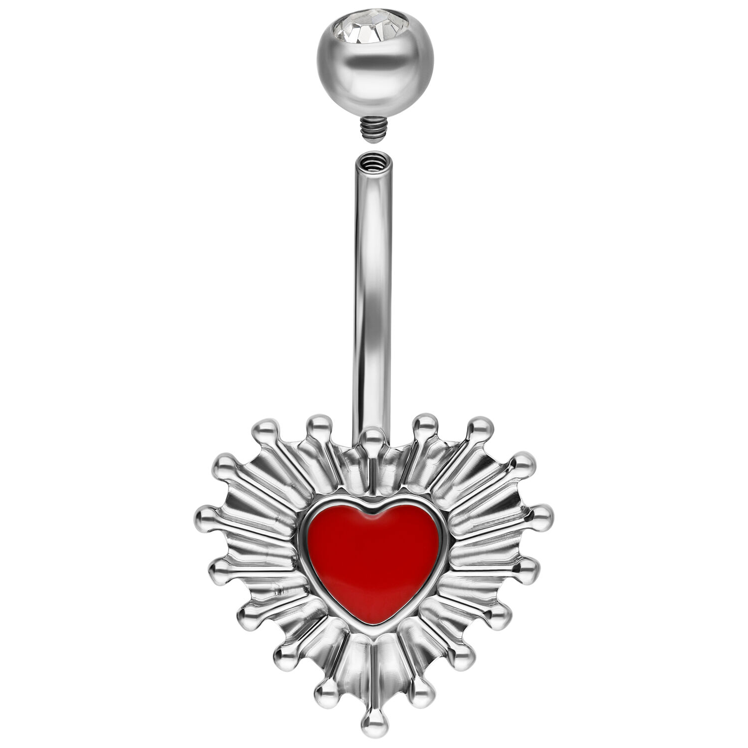Silbernes Sacred Heart Bananabell 12mm Silbernes Bananabell mit rotem Herzanhänger auf weißem Hintergrund