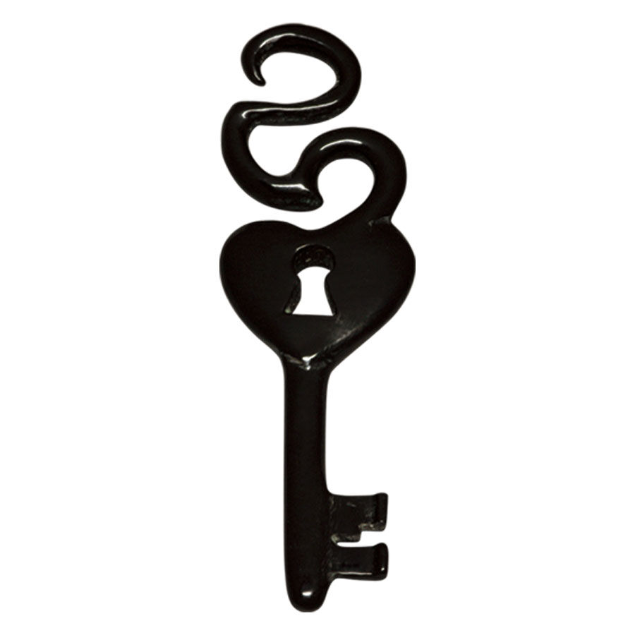 Schwarzer Horn-Schlüssel für Ohrpiercing Schwarzer Schlüssel aus Horn mit Herzform und Sicheldesign auf weißem Hintergrund