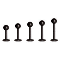 Schwarzes Labret Piercing aus Chirurgenstahl Fünf schwarze Labret Piercings aus Chirurgenstahl auf weißem Hintergrund