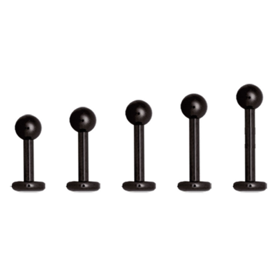 Schwarzes Labret Piercing aus Chirurgenstahl Fünf schwarze Labret Piercings aus Chirurgenstahl auf weißem Hintergrund