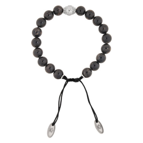 Schwarzes Armband mit braunen Kristallperlen und verstellbarem Verschluss auf weißem Hintergrund