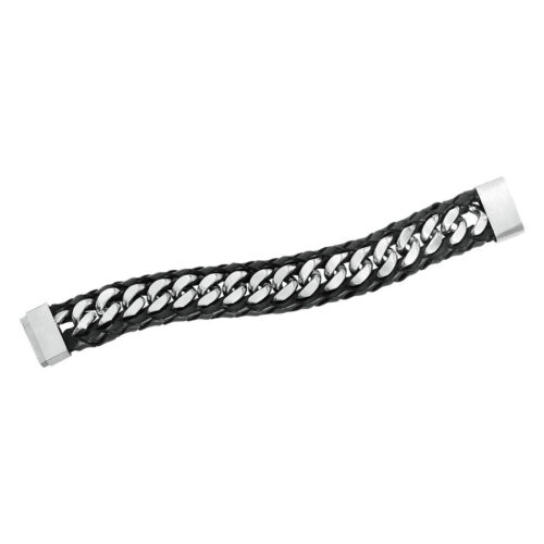 Schwarzes Lederarmband mit silbernen Edelstahlkettenelementen auf weißem Hintergrund