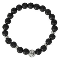 Schwarzes Armband mit runden Steinperlen und silbernem Helm-Element auf weißem Hintergrund
