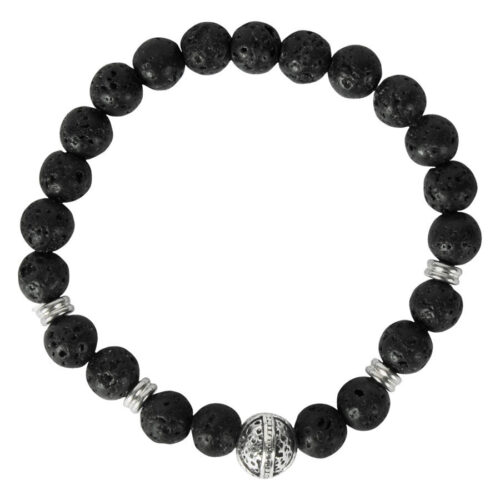 Schwarzes Armband mit runden Steinperlen und silbernem Helm-Element auf weißem Hintergrund