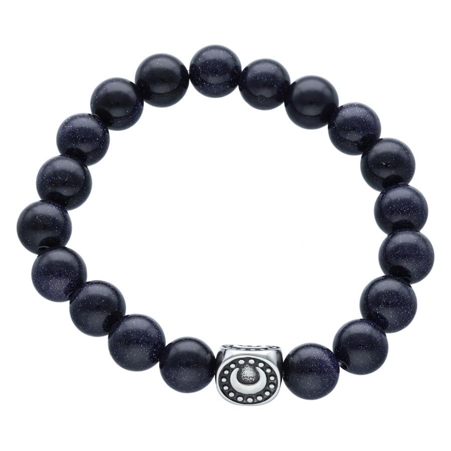 Moonshine Armband aus Kunstleder mit Perlen Unisex Moonshine Armband mit dunkelblauen Perlen und silbernem Detail auf weißem Hintergrund