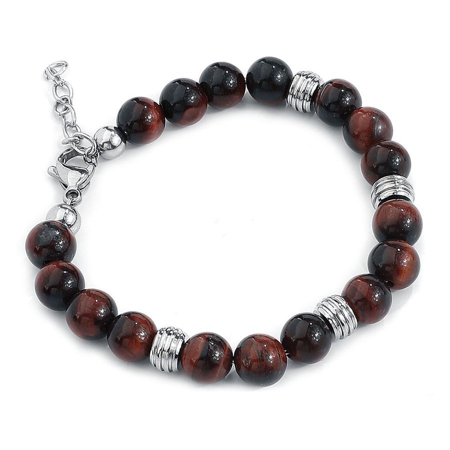 Mahagony Brown Armband aus Chirurgenstahl Unisex Armband aus braunen Steinen und silbernen Elementen auf weißem Hintergrund