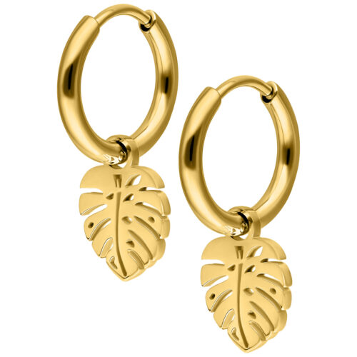 Goldene Mini Monstera Creolen auf weißem Hintergrund