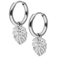 Silberne Mini Monstera Creolen aus Chirurgenstahl auf weißem Hintergrund