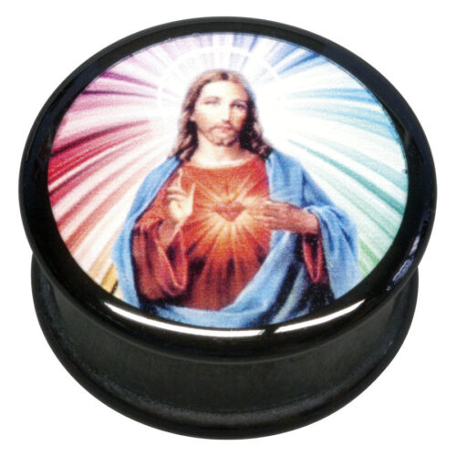 Runder Plug mit Jesus-Motiv, bunte Strahlen, schwarzer Rand