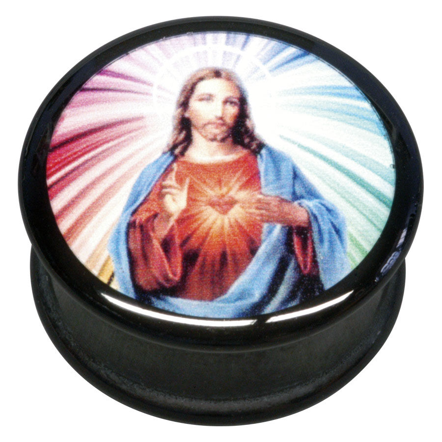 Runder Plug mit Jesus-Motiv, bunte Strahlen, schwarzer Rand