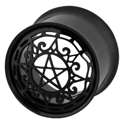 Schwarzer Tunnel mit Pentagramm-Design aus Chirurgenstahl auf weißem Hintergrund