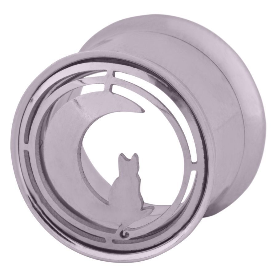 Silberner Moon Light Cat Tunnel Piercing Silbernes Ohrpiercing mit Katzenmotiv und Mond aus Chirurgenstahl