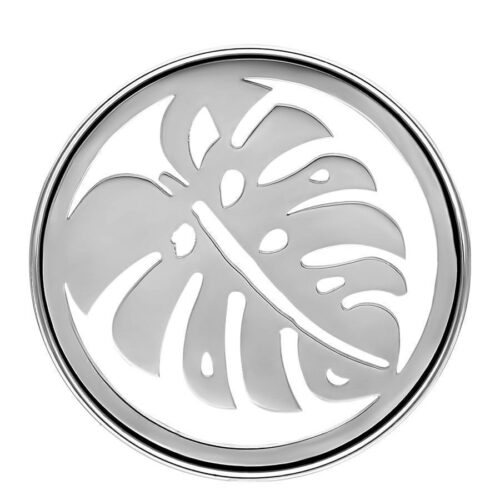 Runder silberner Tunnel mit Monstera-Blatt-Design auf weißem Hintergrund
