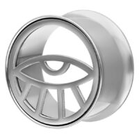 Goldener Eye Tunnel Piercing 14mm Silbernes Tunnel Piercing mit Auge-Design auf weißem Hintergrund
