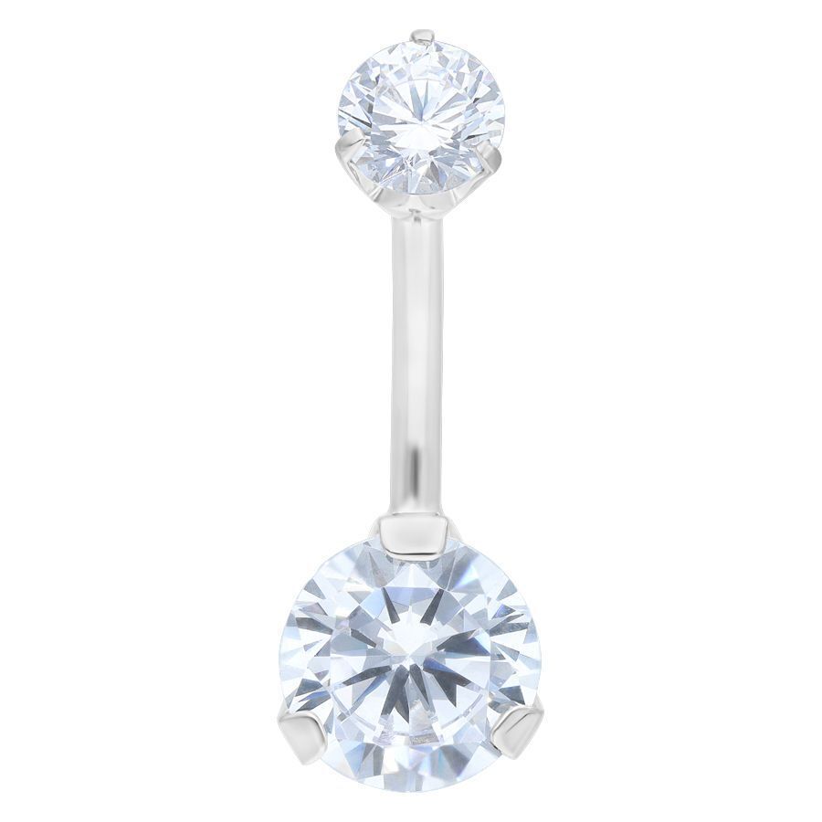 Silbernes Bananabell mit klaren Kristallen, 8 mm Silbernes Bananabell-Piercing mit zwei klaren Kristallen auf weißem Hintergrund