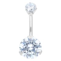 Silbernes Bananabell mit klaren Kristallen, 8mm Silbernes Bauchnabelpiercing mit zwei klaren Kristallen auf weißem Hintergrund